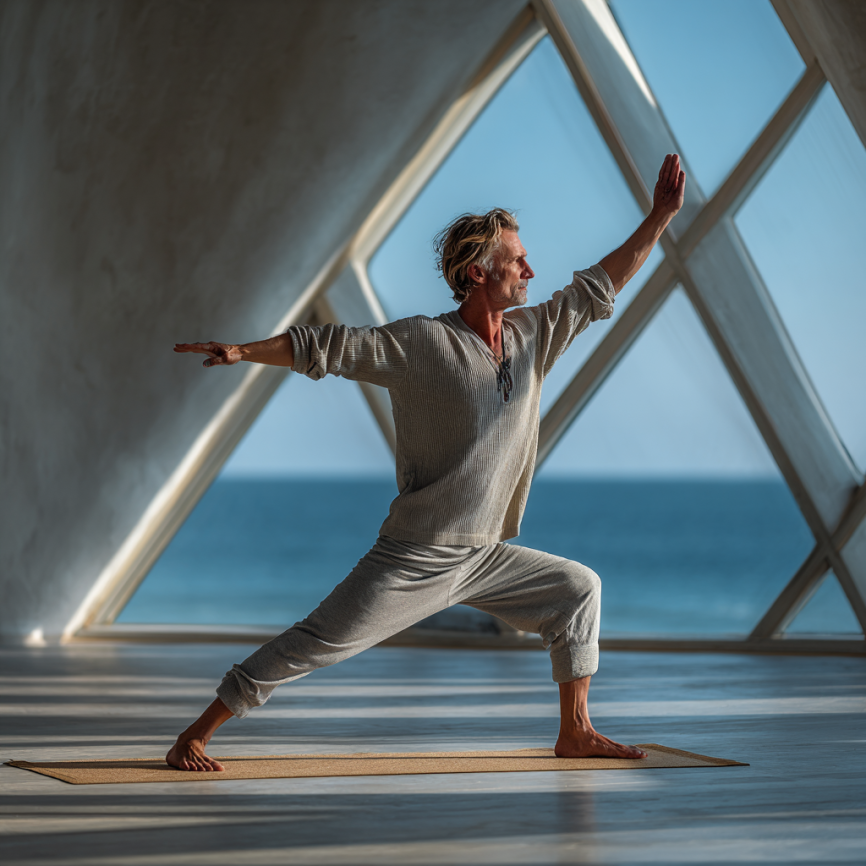 Група възрастни хора практикуват йога в студио