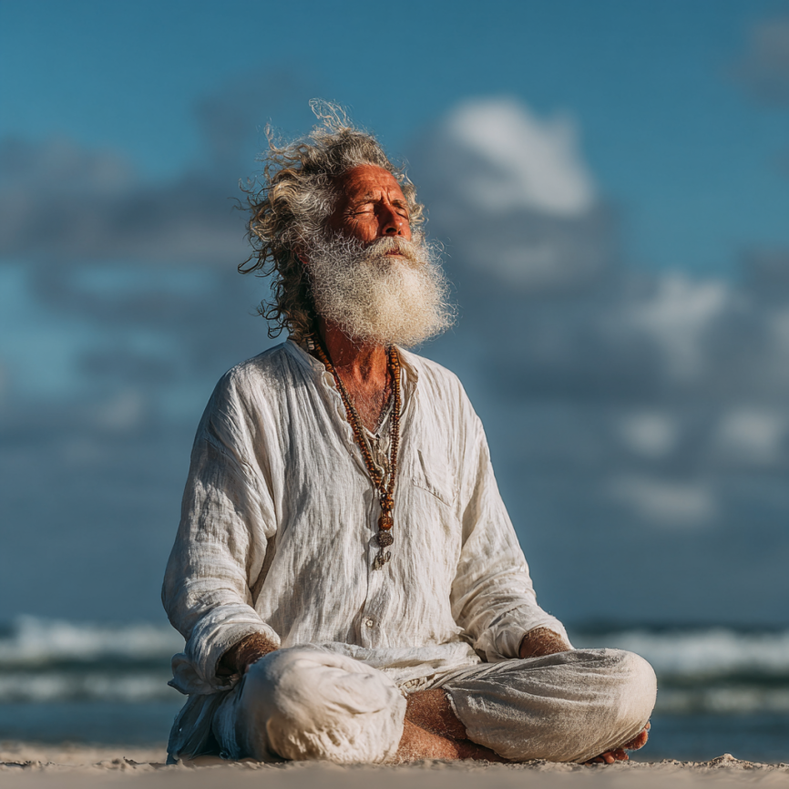 Възрастен мъж практикува медитация